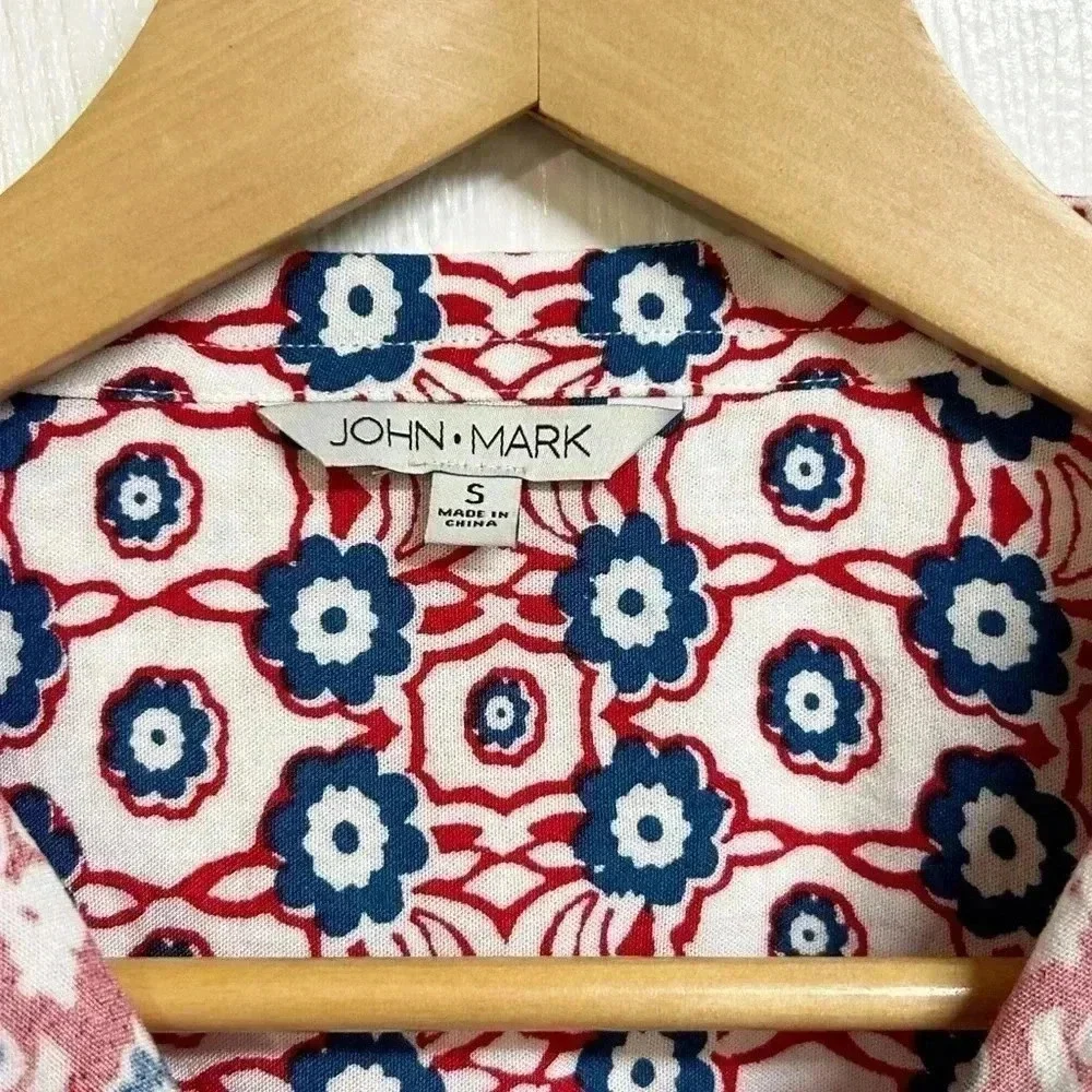 John Mark Women's Floral Red White Blue Top Boho Tunic 3/4 Sleeve Sz S NWT - Picture 4 of 10